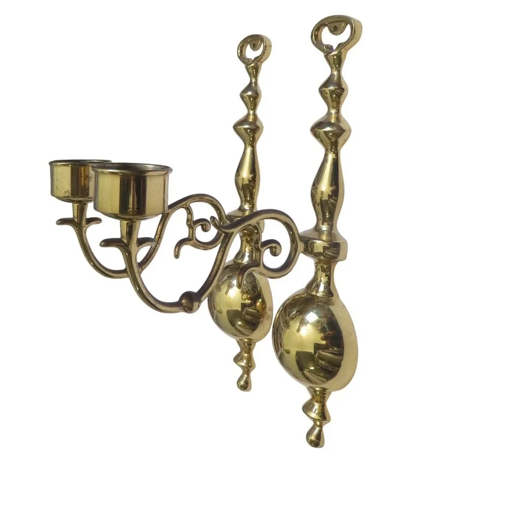 Vintage Solid Brass Wall Sconce Candle Holders Pair Polished Gold Spindle 12.5in